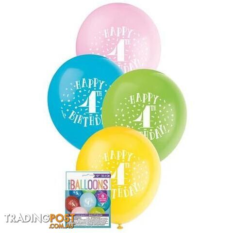 Happy 4th Birthday 8 x 30cm (12) Balloons - Assorted Colours - 011179549344