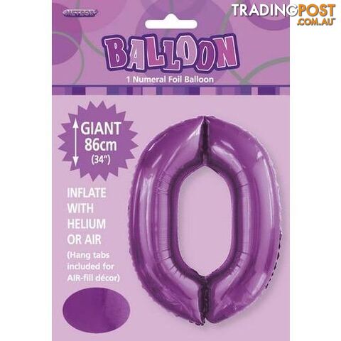 Pretty Purple 0 Numeral Foil Balloon 86cm (34) - 9311965506201
