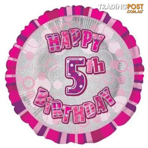 Glitz Pink 5th Birthday Round 45cm (18) Foil Balloon Packaged - 011179556359