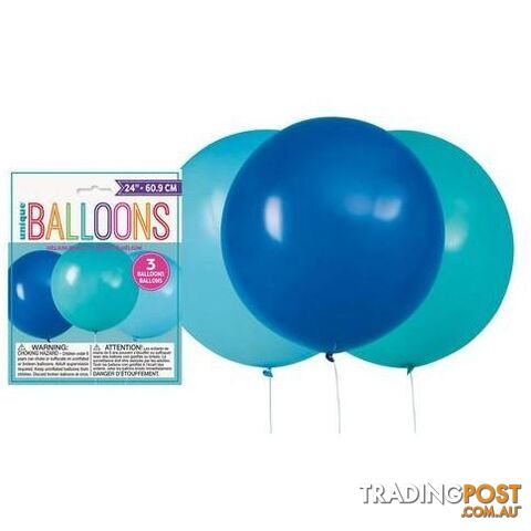 3 x Teal & Blue Assorted 60.9cm (24) Latex Balloons - 011179545827