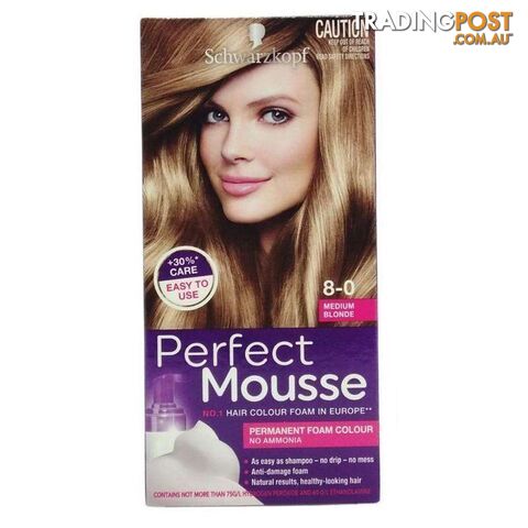 Schwarzkopf Perfect Mousse Permanent Hair Colour Foam 8 0 Medium Blonde 3Pk - 900054