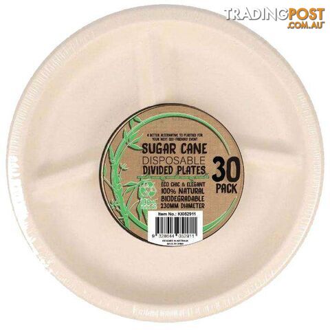 Sugar Cane Party Disposable Dinner Plates 3 Divisions 30 Pack - 9328644052911