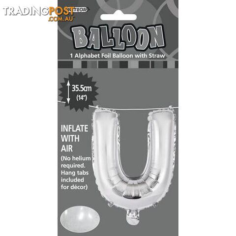 Silver U Alphabet Foil Balloon 35cm (14) - 9311965447009
