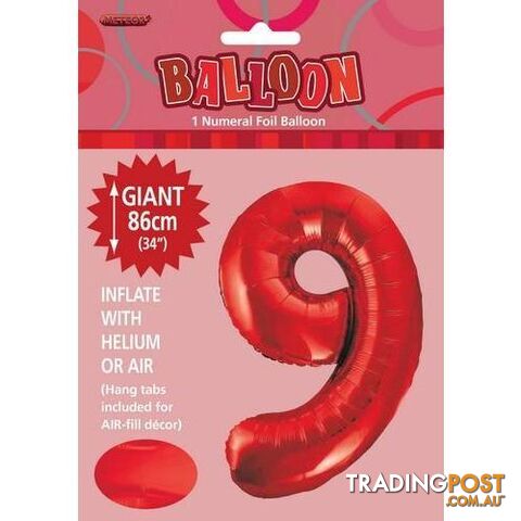 Red 9 Numeral Foil Balloon 86cm (34) - 9311965506096