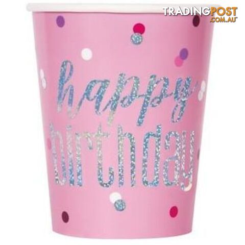 Pink Happy Birthday 8 x 270mL (9oz) Prismatic Paper Cups - 011179836062