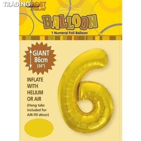 Gold 6 Numeral Foil Balloon 86cm (34) - 9311965483168