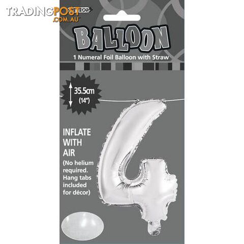 Silver 4 Numeral Foil Balloon 35cm (14) - 9311965428848