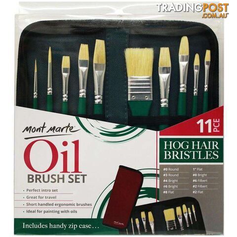 Mont Marte Hog Hair Bristles Brush Set For Oil in Wallet 11pcs - 9328577032035