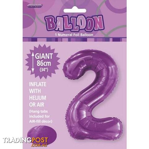 Pretty Purple 2 Numeral Foil Balloon 86cm (34) - 9311965506225