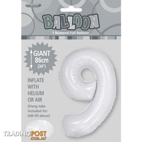 White 9 Numeral Foil Balloon 86cm (34) - 9311965506799