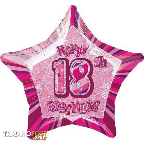 Glitz Pink 18th Birthday Star 50cm (20) Foil Balloon Packaged - 011179551057