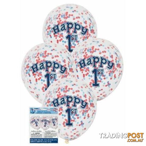 Nautical 1st Birthday 6 x 30cm (12) Clear Balloons With Blue & Red Confetti - 011179581856