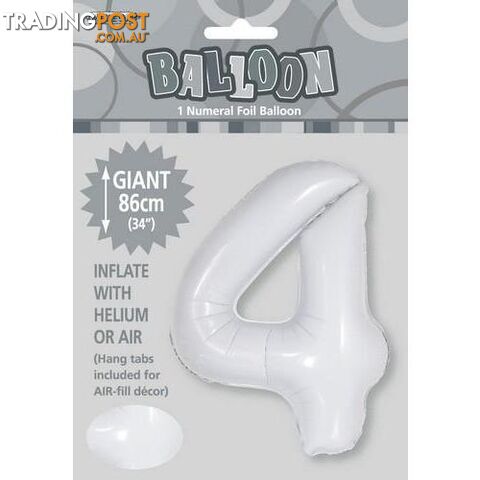 White 4 Numeral Foil Balloon 86cm (34) - 9311965506744