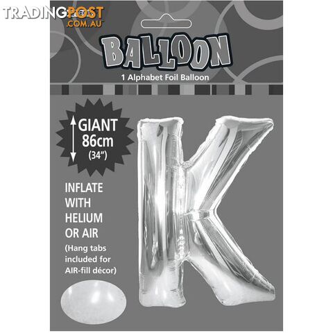 Silver K Alphabet Foil Balloon 86cm (34) - 9311965483502
