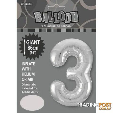 Silver 3 Numeral Foil Balloon 86cm (34) - 9311965482932