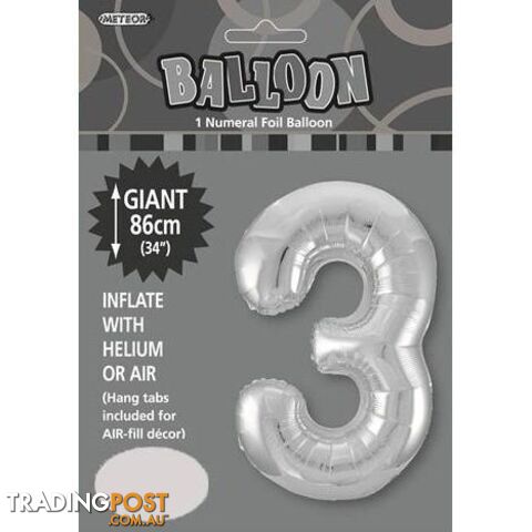 Silver 3 Numeral Foil Balloon 86cm (34) - 9311965482932