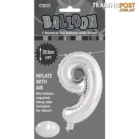 Silver 9 Numeral Foil Balloon 35cm (14) - 9311965428893
