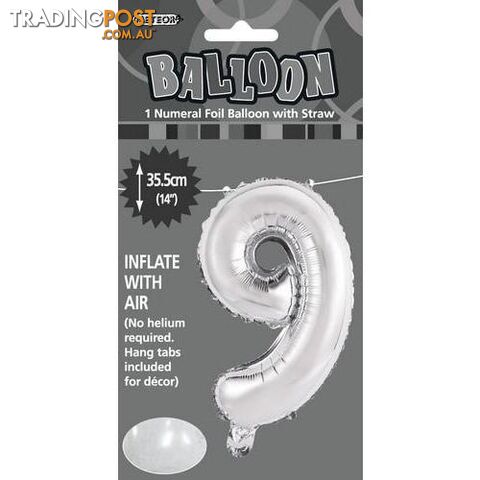 Silver 9 Numeral Foil Balloon 35cm (14) - 9311965428893