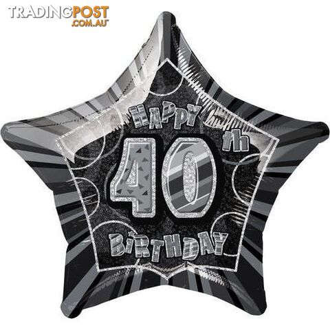 Glitz Black And Silver 40th Birthday Star 50cm (20) Foil Balloon Packaged - 011179551514