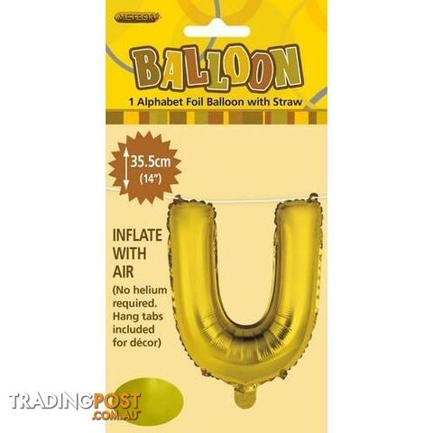 Gold U Alphabet Foil Balloon 35cm (14) - 9311965446705