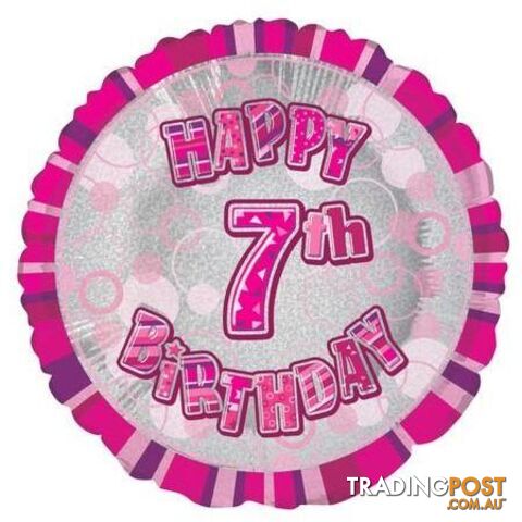 Glitz Pink 7th Birthday Round 45cm (18) Foil Balloon Packaged - 011179556373