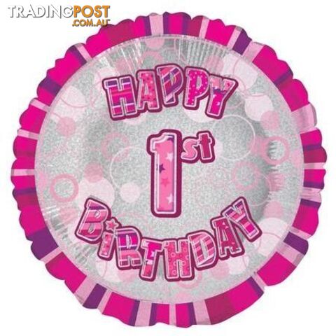 Glitz Pink 1st Birthday Round 45cm (18) Foil Balloon Packaged - 011179556311