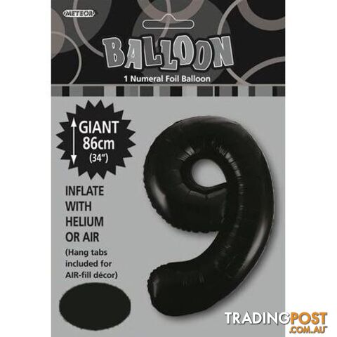 Black 9 Numeral Foil Balloon 86cm (34) - 9311965483090