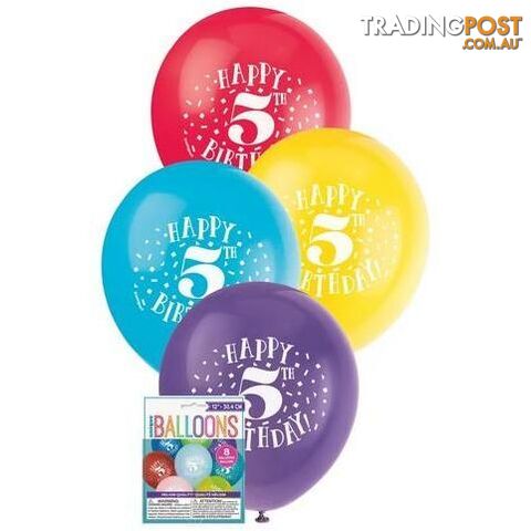 Happy 5th Birthday 8 x 30cm (12) Balloons - Assorted Colours - 011179549351