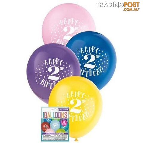 Happy 2nd Birthday 8 x 30cm (12) Balloons - Assorted Colours - 011179549320