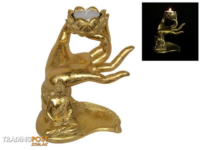 Gold Tealight Holder with Rulai Buddha in Hand 18cm - 9319844623827