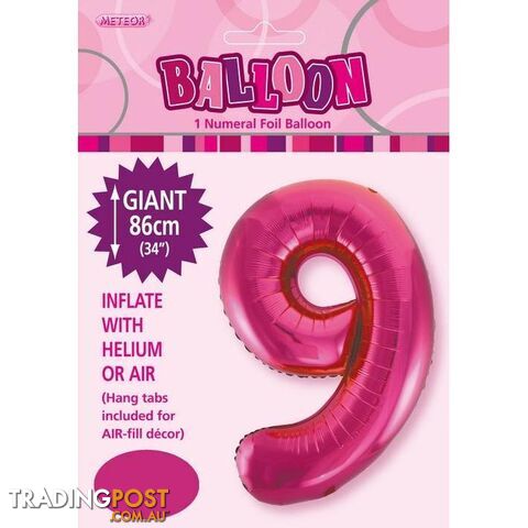 Hot Pink 9 Numeral Foil Balloon 86cm (34) - 9311965483298