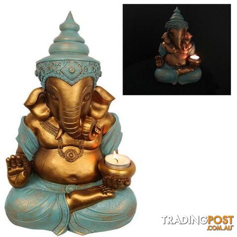 Gold Sitting Ganesh With Tealight Holder 31cm - 9319844620840
