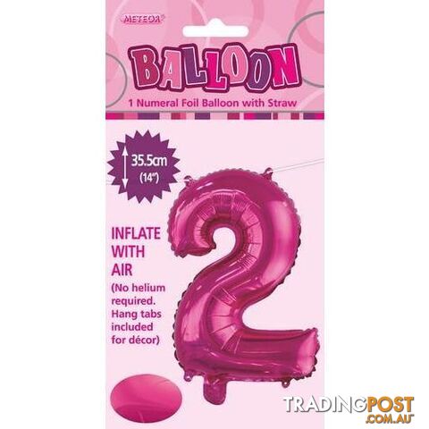 Hot Pink 2 Numeral Foil Balloon 35cm (14) - 9311965429029