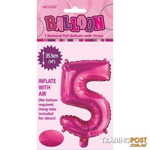 Hot Pink 5 Numeral Foil Balloon 35cm (14) - 9311965429050