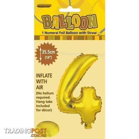 Gold 4 Numeral Foil Balloon 35cm (14) - 9311965428947