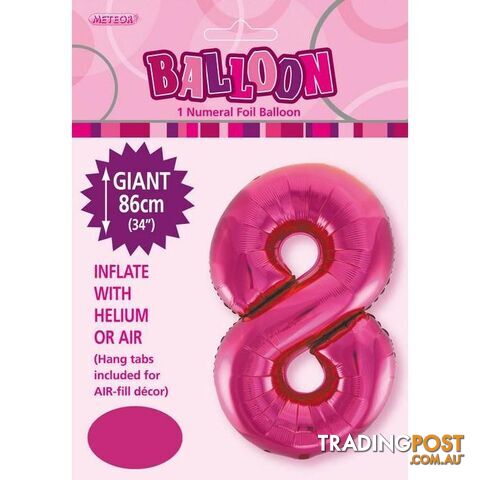 Hot Pink 8 Numeral Foil Balloon 86cm (34) - 9311965483281