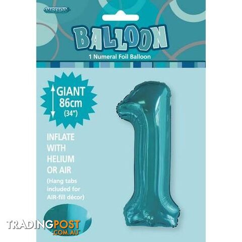 Caribbean Teal 1 Numeral Foil Balloon 86cm (34) - 9311965506317