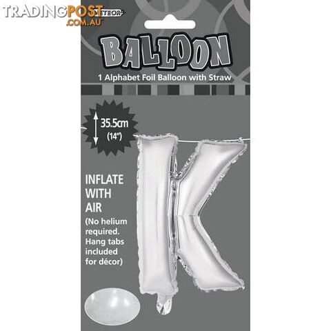 Silver K Alphabet Foil Balloon 35cm (14) - 9311965446903