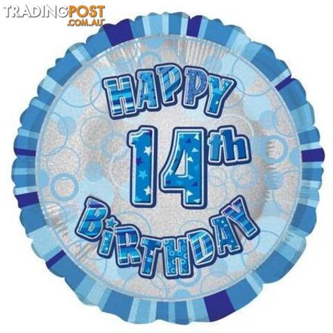 Glitz Blue 14th Birthday Round 45cm (18) Foil Balloon Packaged - 011179556571