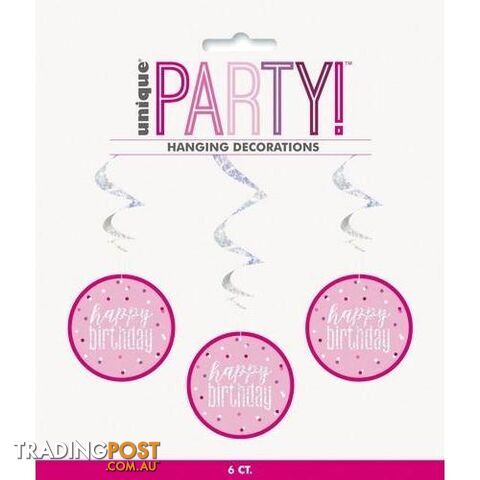 Pink 6 Prismatic Hanging Swirl Decorations 81cm (32) - Happy Birthday -...