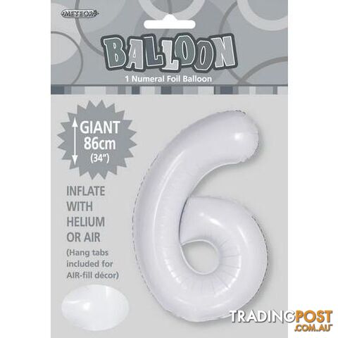 White 6 Numeral Foil Balloon 86cm (34) - 9311965506768