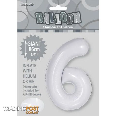 White 6 Numeral Foil Balloon 86cm (34) - 9311965506768