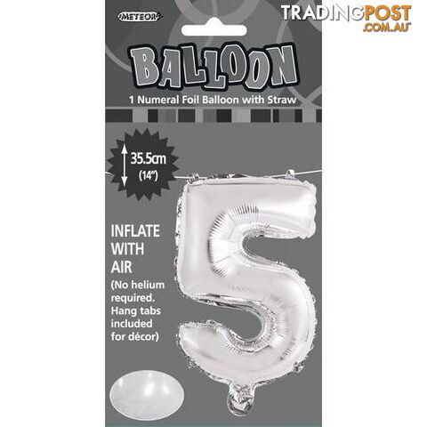 Silver 5 Numeral Foil Balloon 35cm (14) - 9311965428855