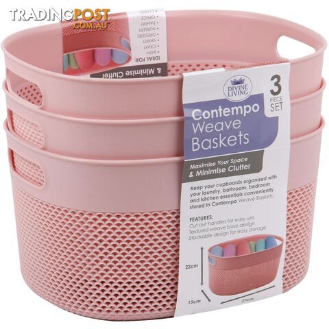 Contempo Plastic Storage Weave Baskets - 3 Pack Pink - 800113