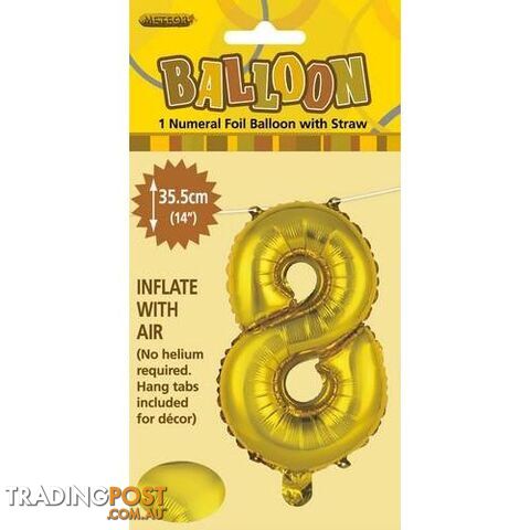 Gold 8 Numeral Foil Balloon 35cm (14) - 9311965428985