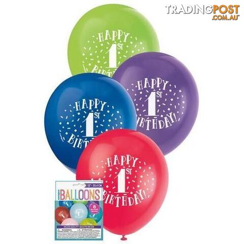 Happy 1st Birthday 8 x 30cm (12) Balloons - Assorted Colours - 011179549313