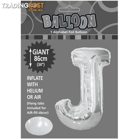 Silver J Alphabet Foil Balloon 86cm (34) - 9311965483496