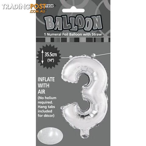 Silver 3 Numeral Foil Balloon 35cm (14) - 9311965428831