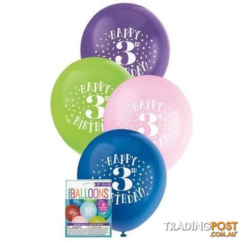 Happy 3rd Birthday 8 x 30cm (12) Balloons - Assorted Colours - 011179549337