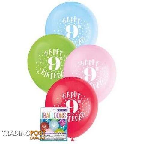 Happy 9th Birthday 8 x 30cm (12) Balloons - Assorted Colours - 011179549399